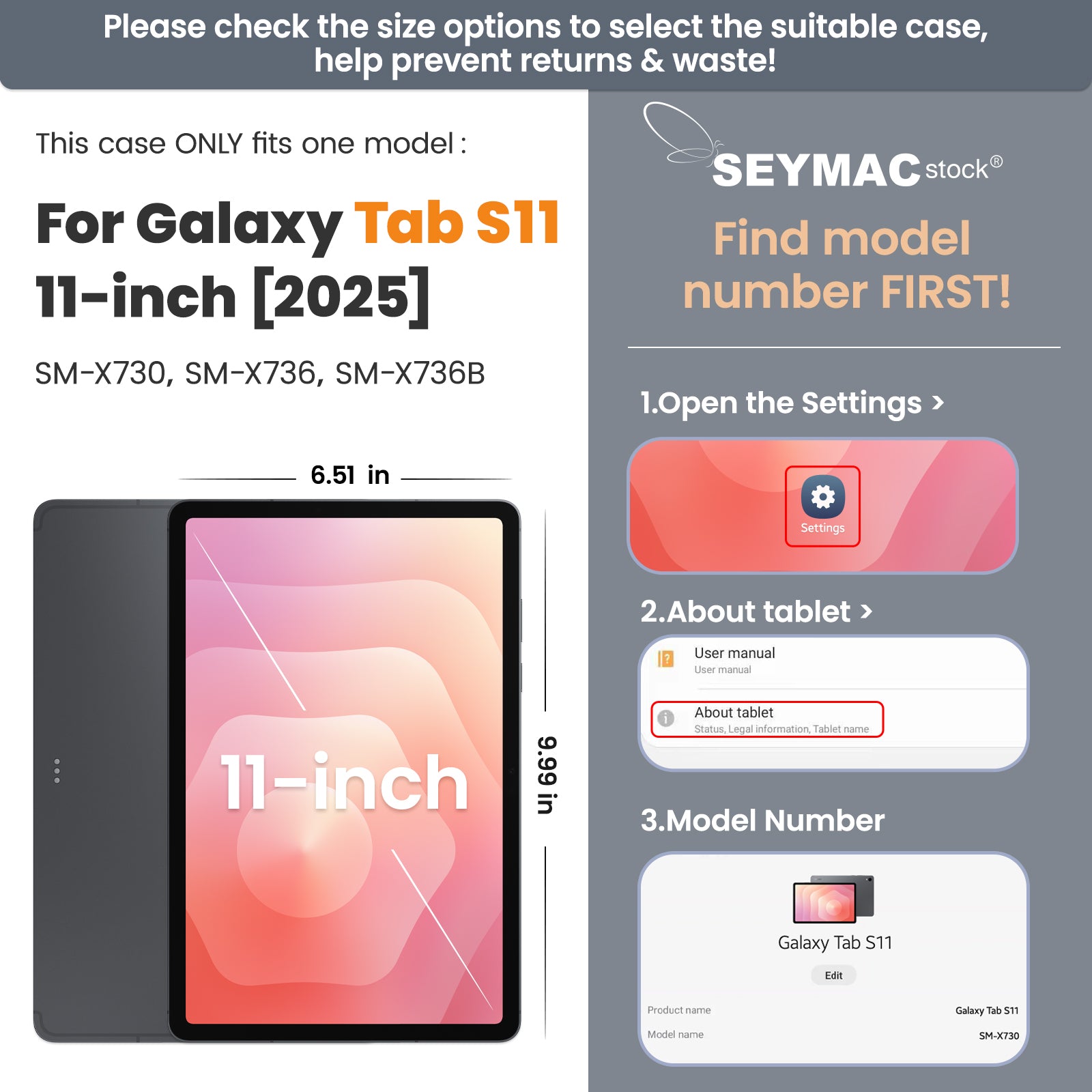 SEYMAC stock Case for Samsung Galaxy Tab S11 (Model: SM-X730 / X736 / X736B / X738) Tablet Case 11'' Protective with Screen Protector, Pen Holder, 360 Rotate Stand, Hand Strap, Shoulder Strap