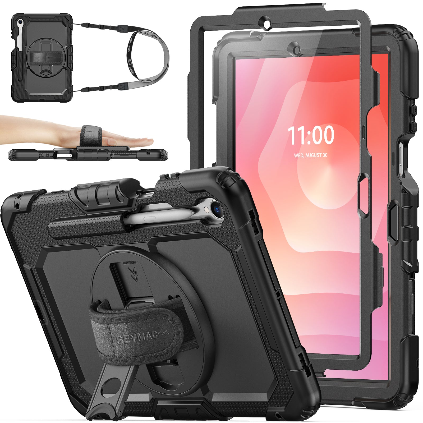 SEYMAC stock Case for Samsung Galaxy Tab S11 Tablet Case 11'' (SM-X730/ X736/ X738) Protective with Screen Protector, Pencil Holder, 360 Degree Rotate Kickstand, Hand Strap, Shoulder Strap