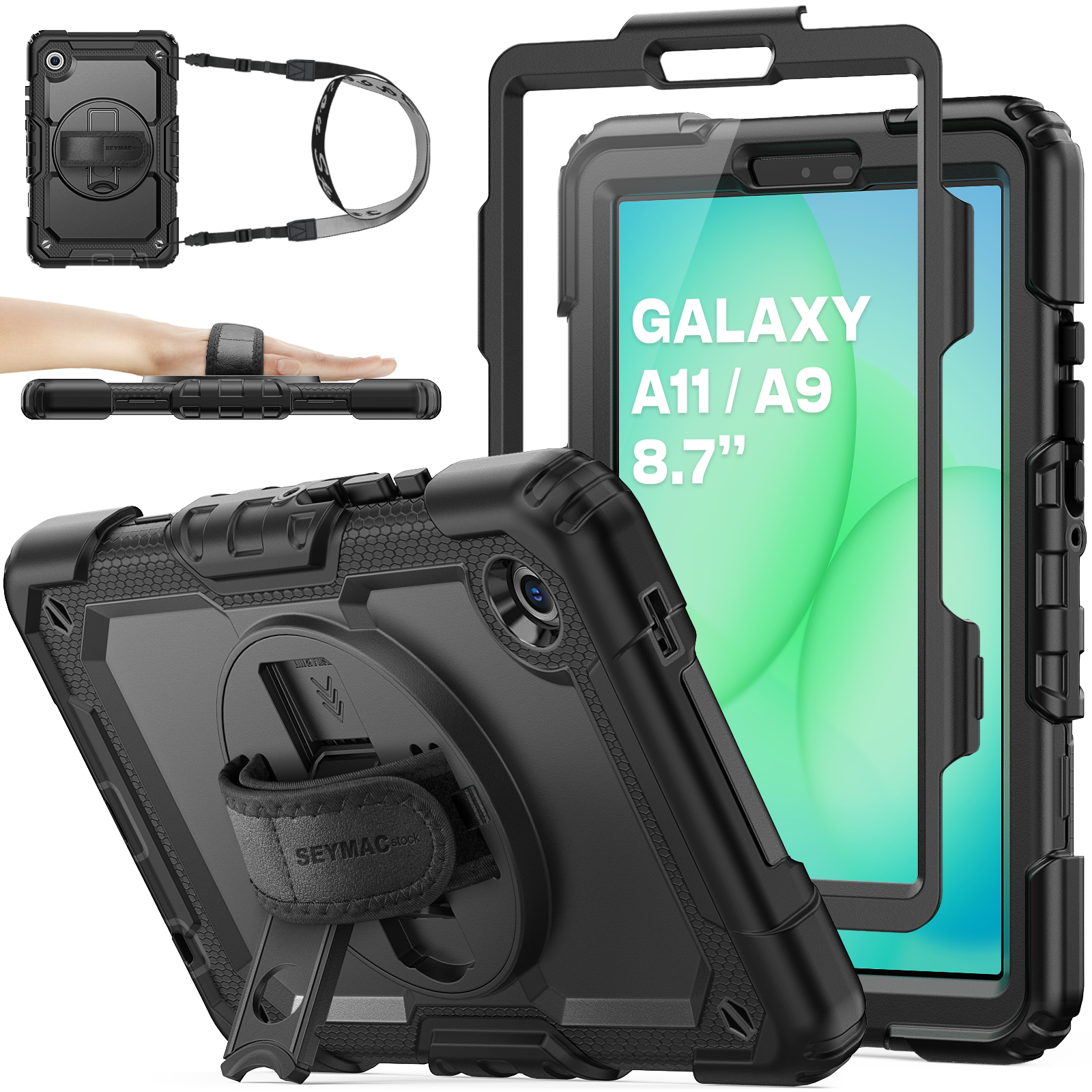 SEYMAC stock Case for Samsung Galaxy Tab A11 8.7'' (SM-X130/X133/X135), Full-Body Drop Protection Case with Screen Protector Pencil Holder [360° Rotating Hand Strap] &Stand
