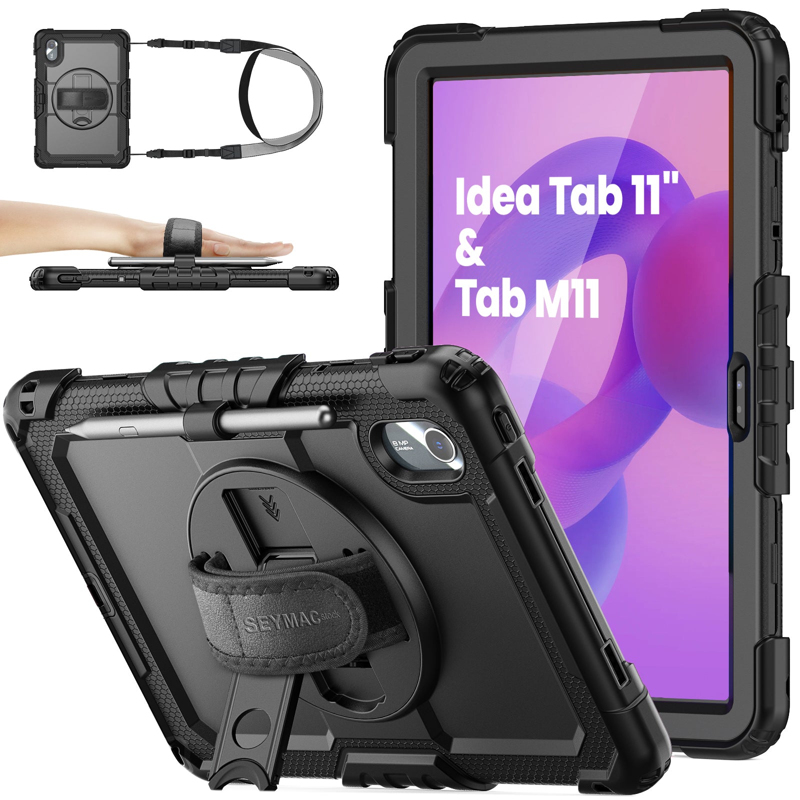 SEYMAC stock Case for Lenovo Idea Tab 11'' 2025/ Tab M11 2024/ K11 (TB336FU/TB330FU), Drop-Proof Case for Lenovo 11 inch with 360° Rotate Stand/Strap [Pen Holder] & Screen Protector