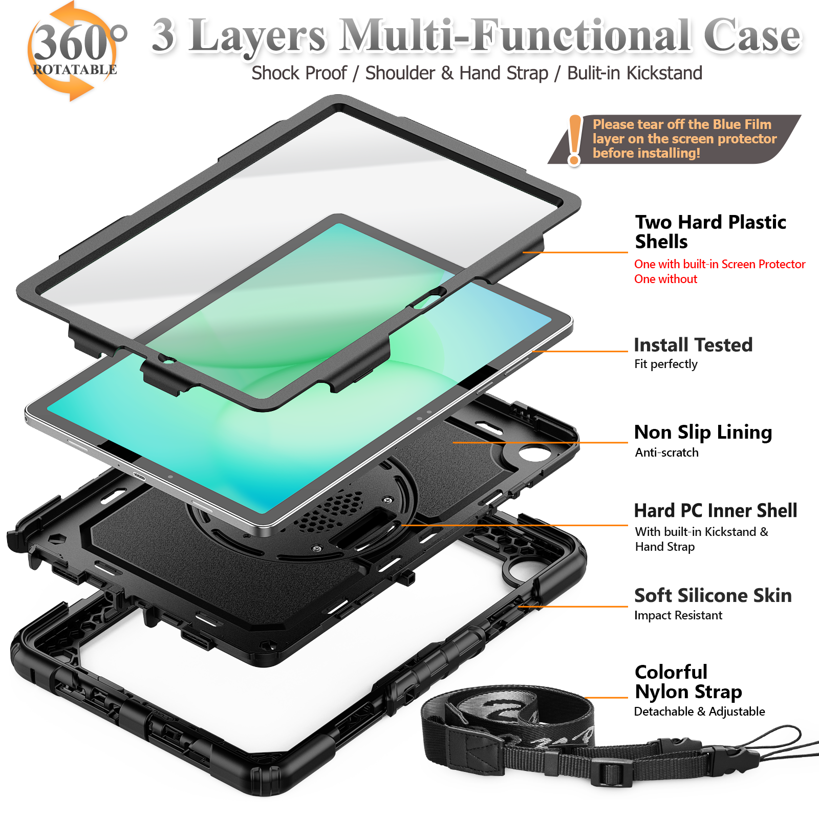 SEYMAC stock Case for Samsung Galaxy Tab A11+ Plus 11'' (Model: SM-X230 SM-X236 SM-X235), Full-Body Drop Protection Case with Screen Protector Pencil Holder [360° Rotating Hand Strap] &Stand